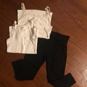 XS yoga legging capris and two white camisoles